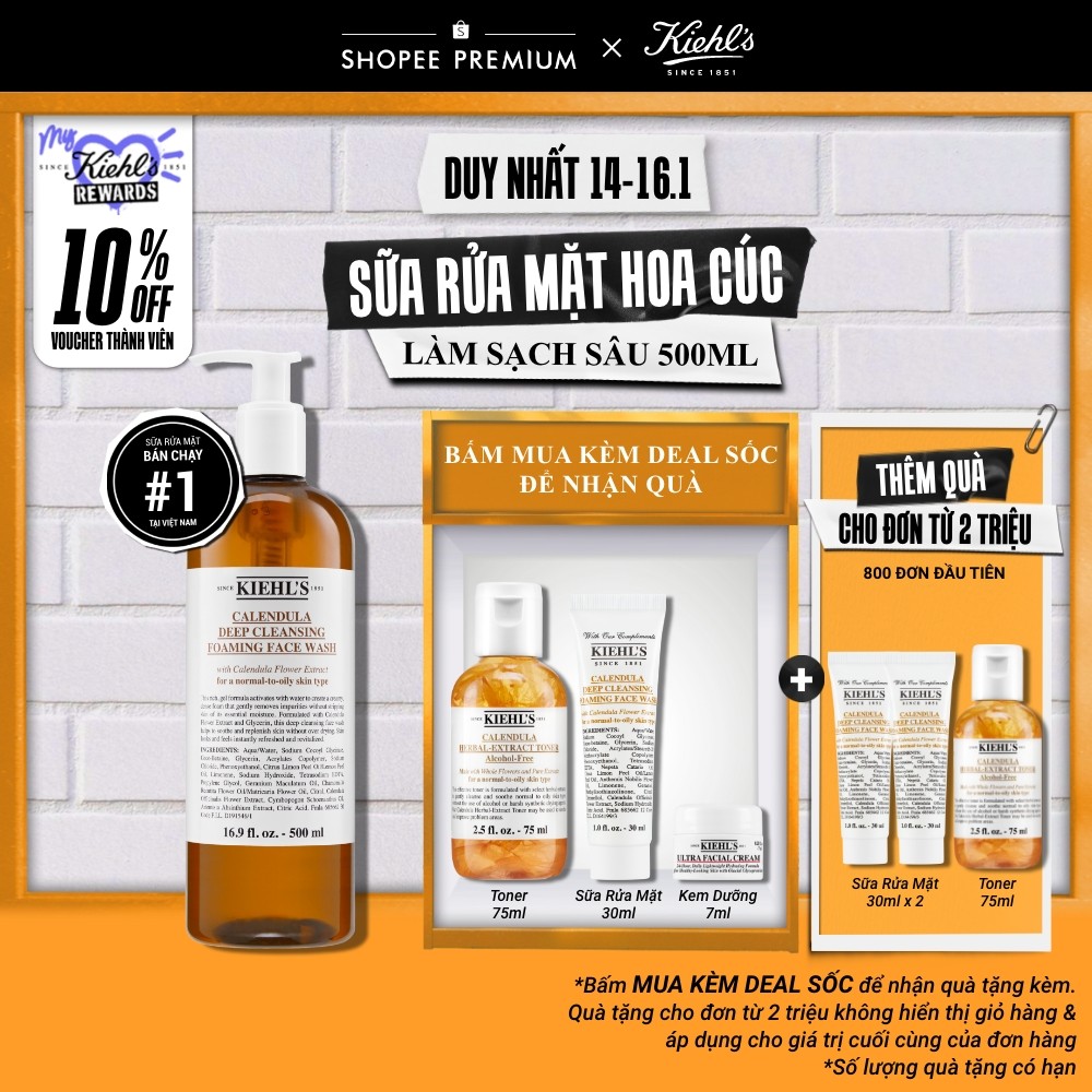 Sữa rửa mặt hoa cúc Kiehl's Calendula Deep Cleansing Foaming Face Wash 500ml