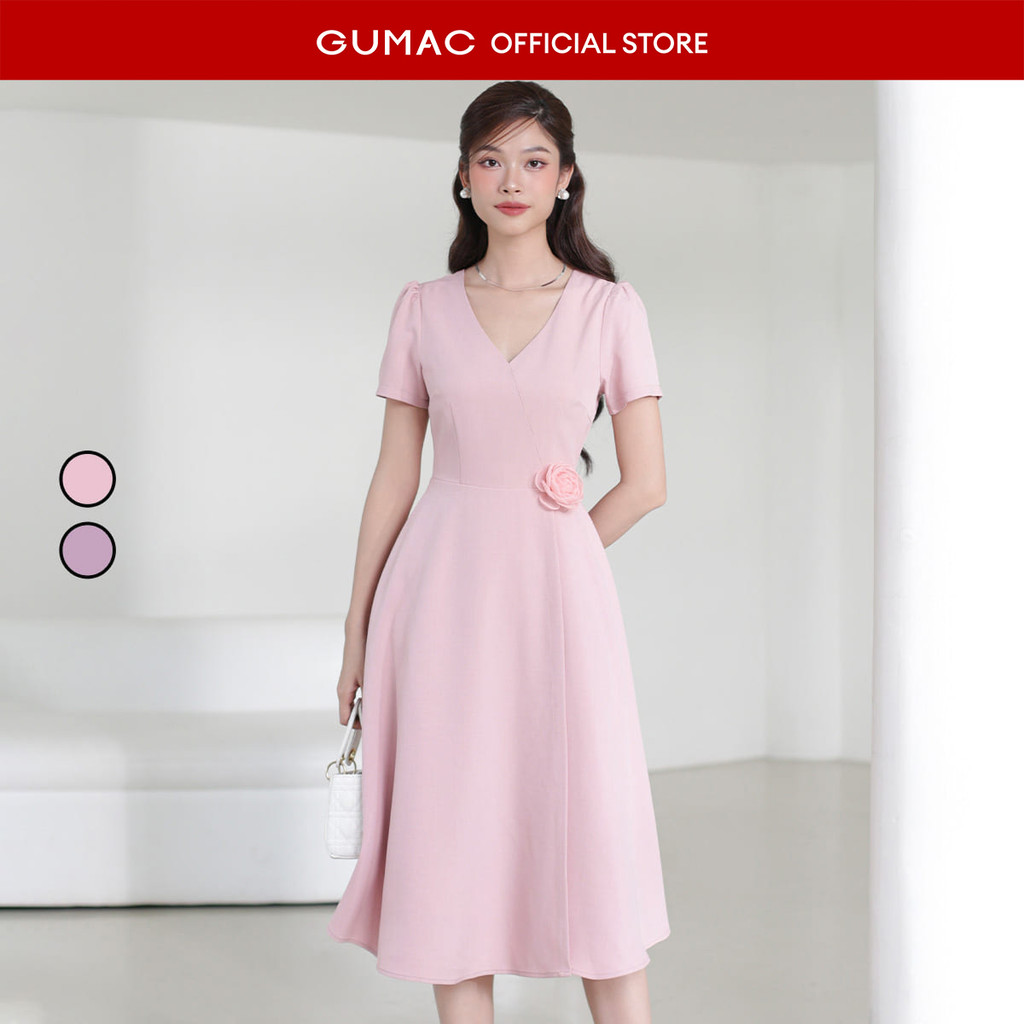 [SALE] Đầm nữ GUMAC A xòe cổ tim đính hoa hồng tím nữ GUMAC tính thanh lịch  DE03017
