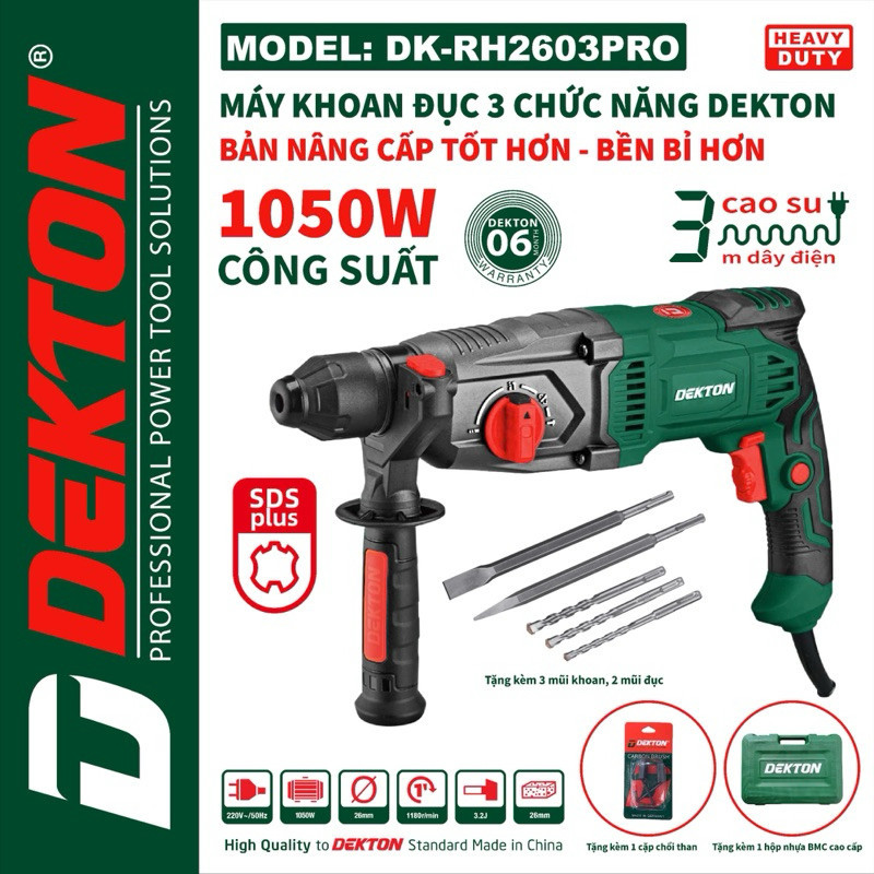 Máy Khoan Bê Tông 3 Chức Năng DEKTON DK-RH2603XPRO Và DK-RH2603PRO, Công Xuất 1050W, Đầu SDS Plus