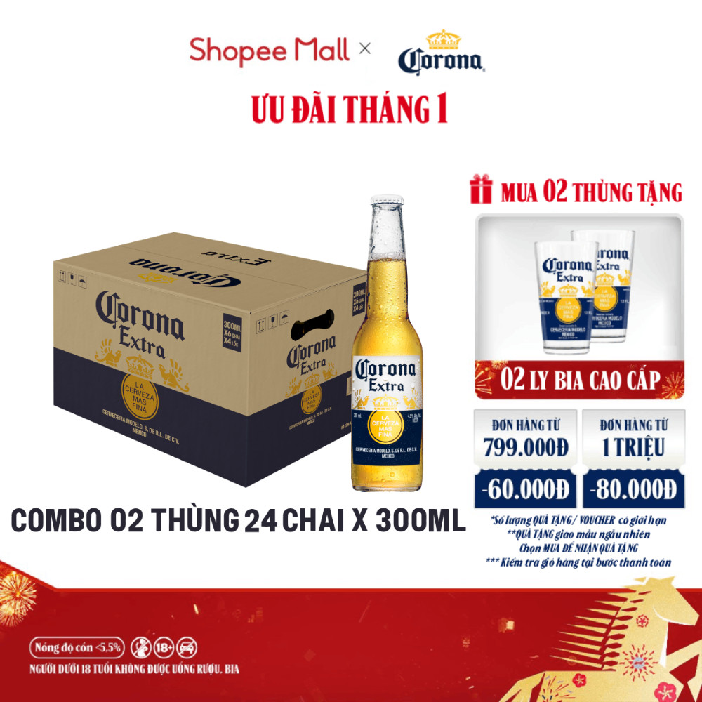 Combo 2 Thùng Bia Corona Extra Nhập Khẩu Thùng 24 Chai (300ml/chai)