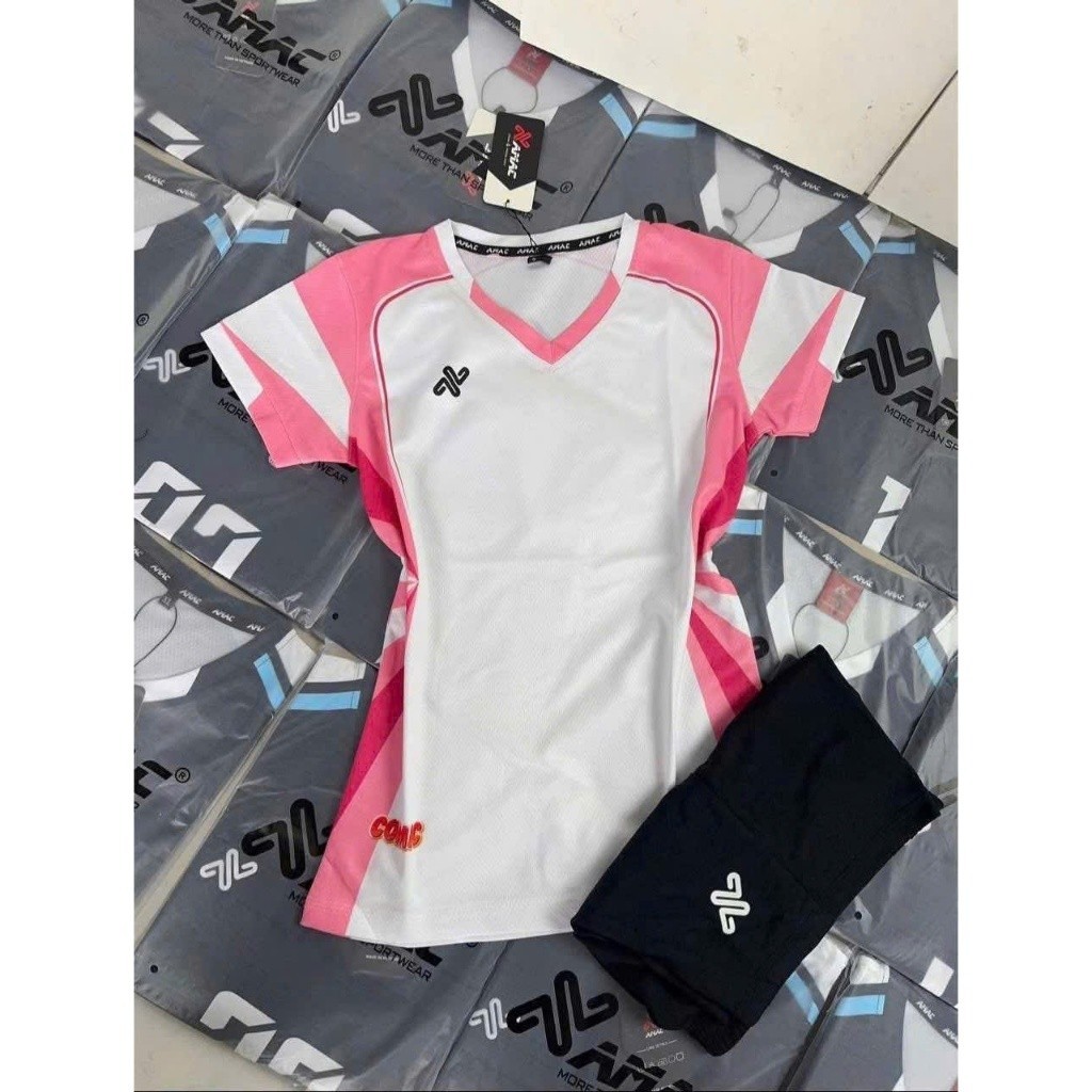[Có In Tên & Số Theo Yc] Quần Áo Bóng Chuyền, Nam Nữ Không Lôgô Amax Trắng Viền Hồng - Ksport