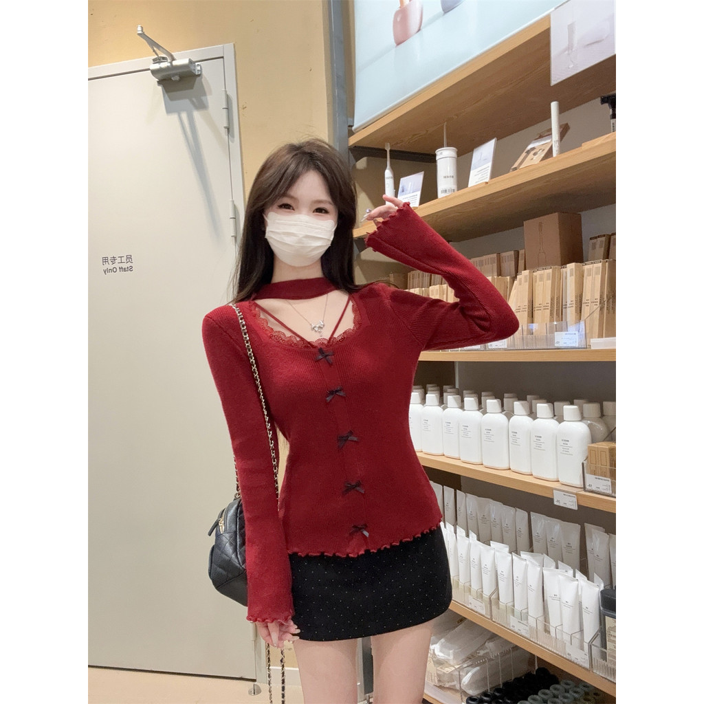 <[Andy Velvet] Áo Len Thắt Nơ Form Slim Xuân Thu