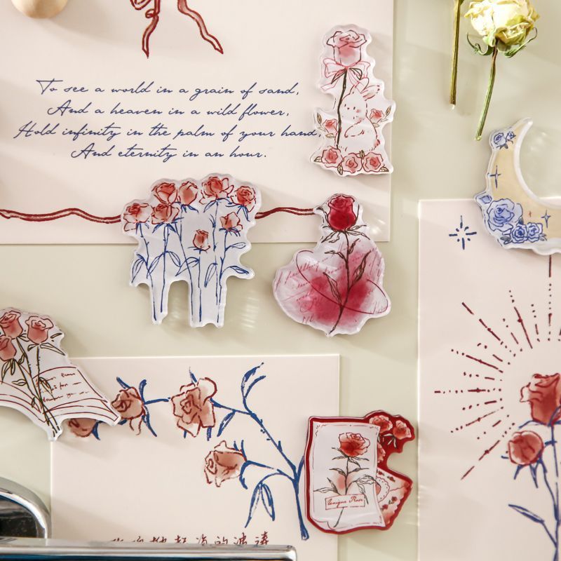 Hot Sale#Name of the Rose Acrylic Magnetic Fridge Magnet Exquisite Rose Illustration Romantic Atmosp