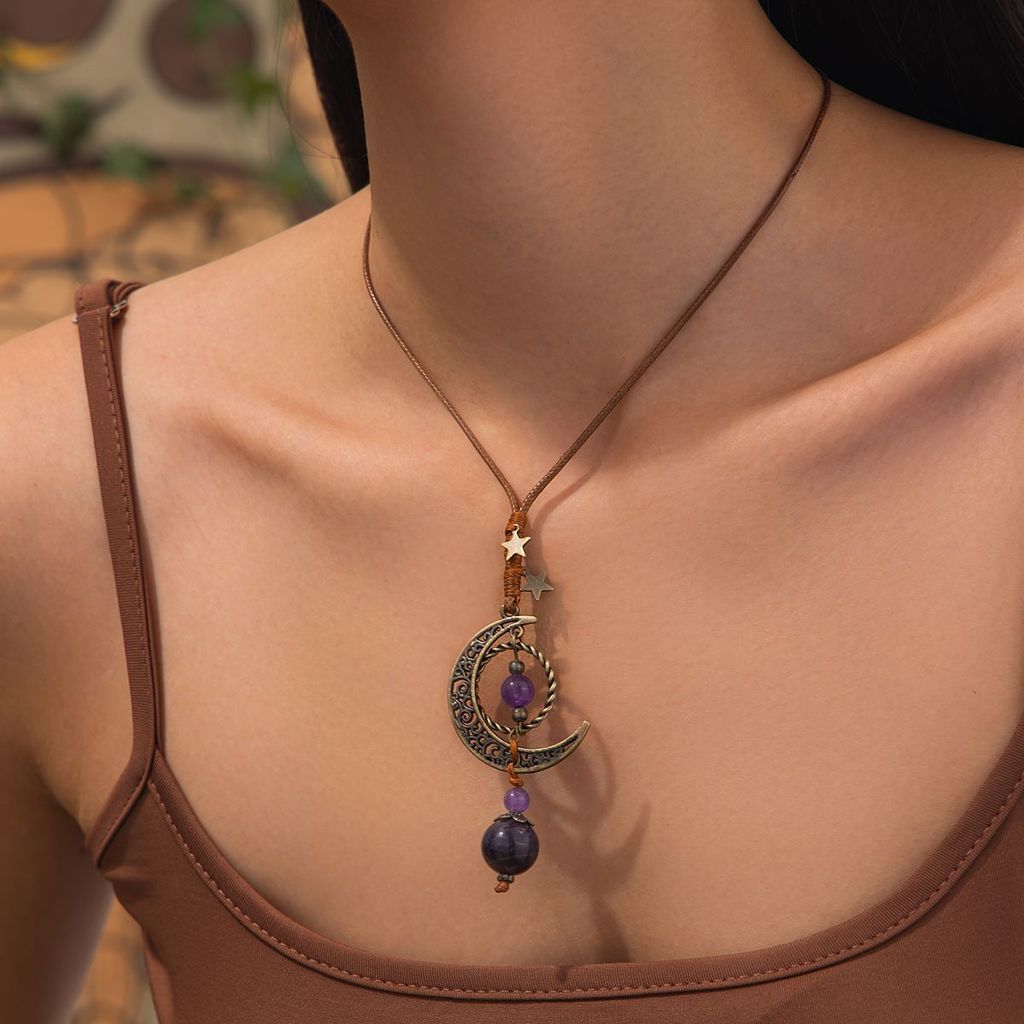 Hot Sale#Ethnic Style Crescent Moon Pendant Necklace Retro Design Bohemian Vacation Style Accessorie