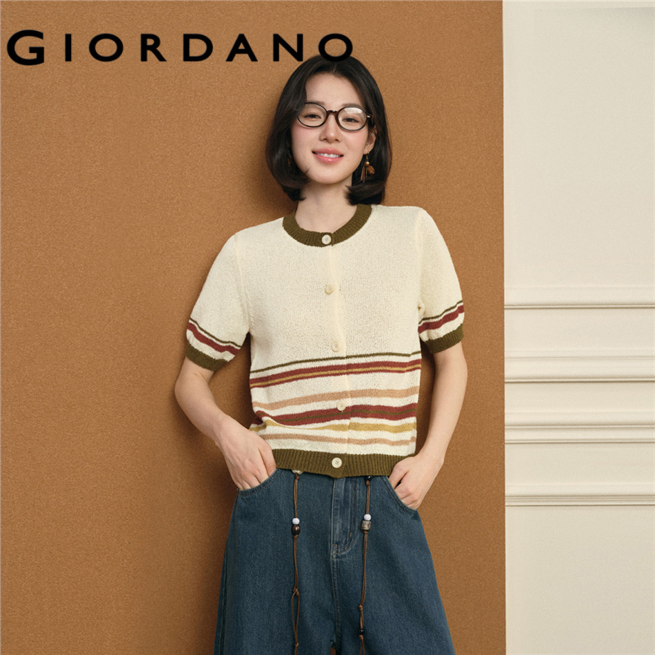 GIORDANO WOMEN Striped short sleeve boucle cardigan 18356502