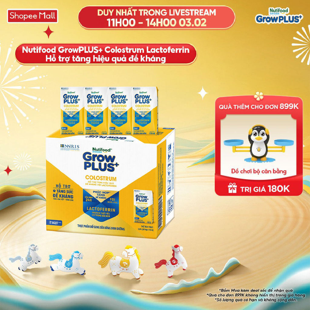 Thùng 24 hộp Sữa bột pha sẵn Nutifood Sweden GrowPLUS+ Colostrum Lactoferrin 110ml