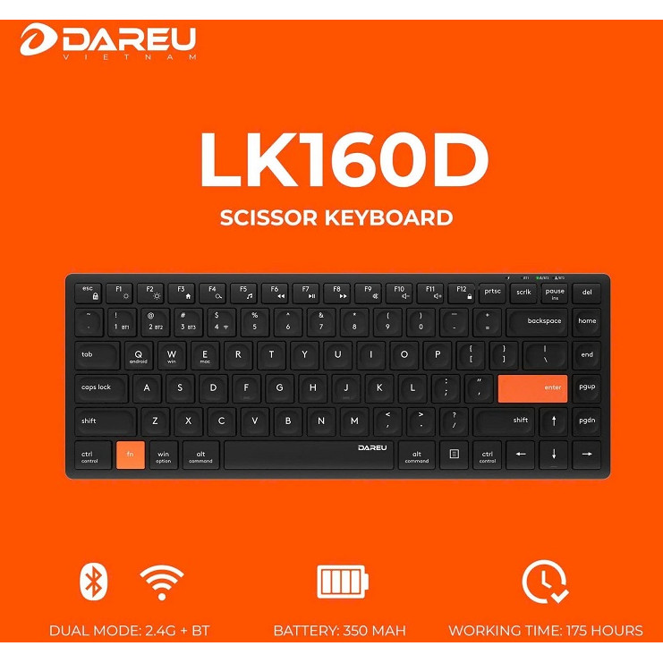 Keyboard Dareu LK160D (Dual Mode, Scissor Switch) (không dây) chính hãng. Bàn phím không dây Dareu L