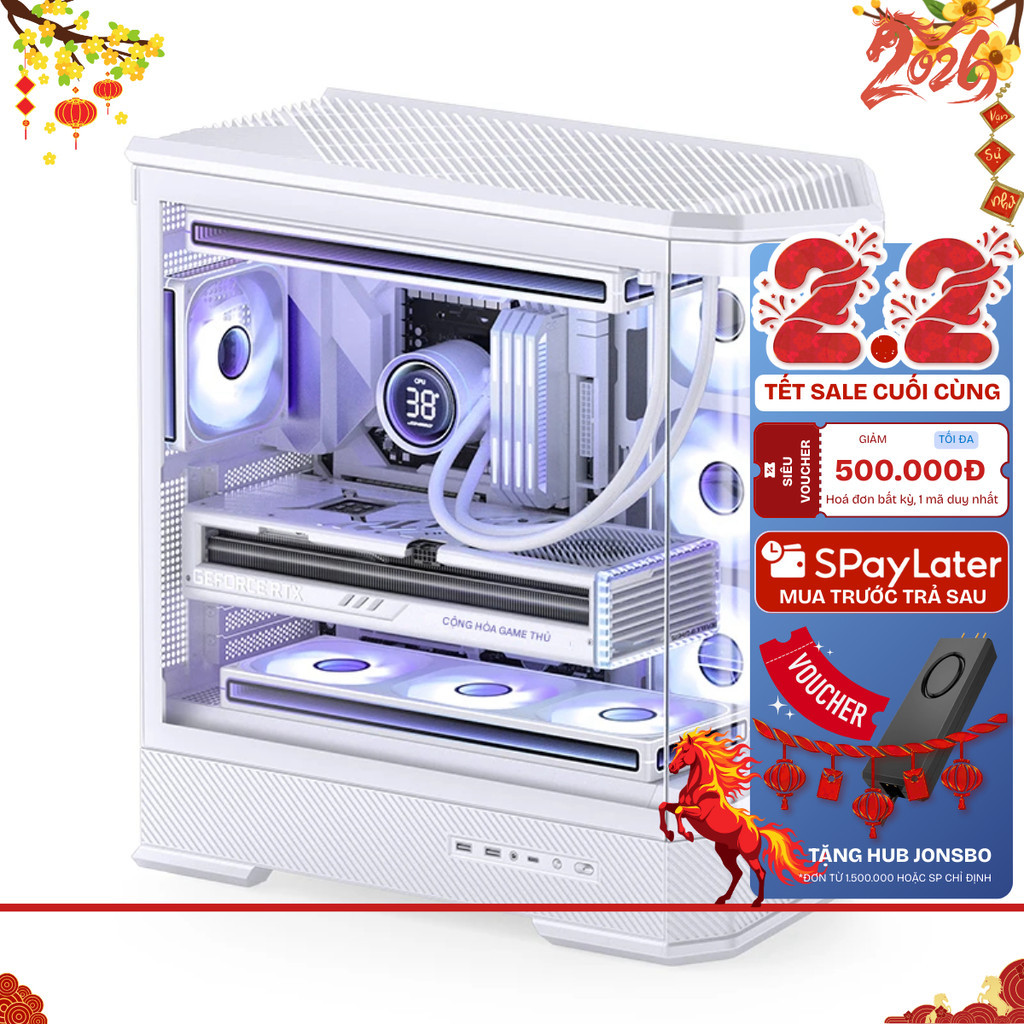 Vỏ Case PC Gaming Jonsbo D400 White ATX M-ATX ITX – Hỗ Trợ Tản Nhiệt Nước 360mm, Kính Cường Lực