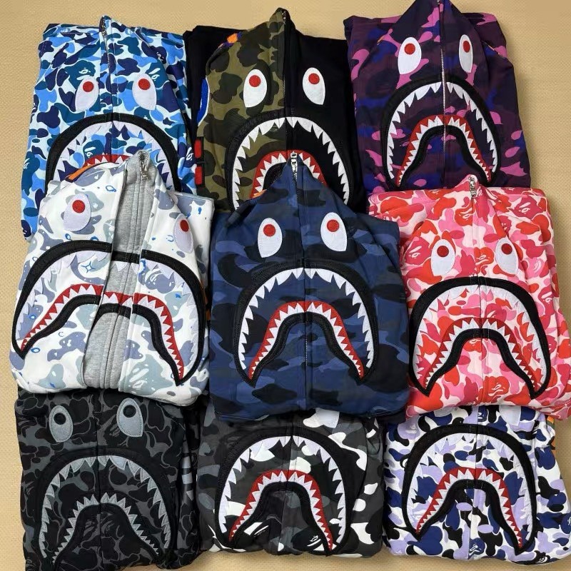 ECKU Bape Classic Shark Camouflage Hooded Sweatshirt Hip-Hop Style Loose Fit Unisex Couple Hoodie Ja