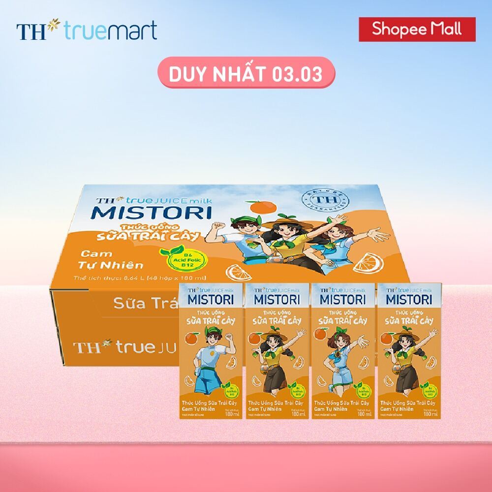 Thùng 48 hộp thức uống Sữa trái cây Cam tự nhiên TH true JUICE milk MISTORI 180ml (180ml x 48)