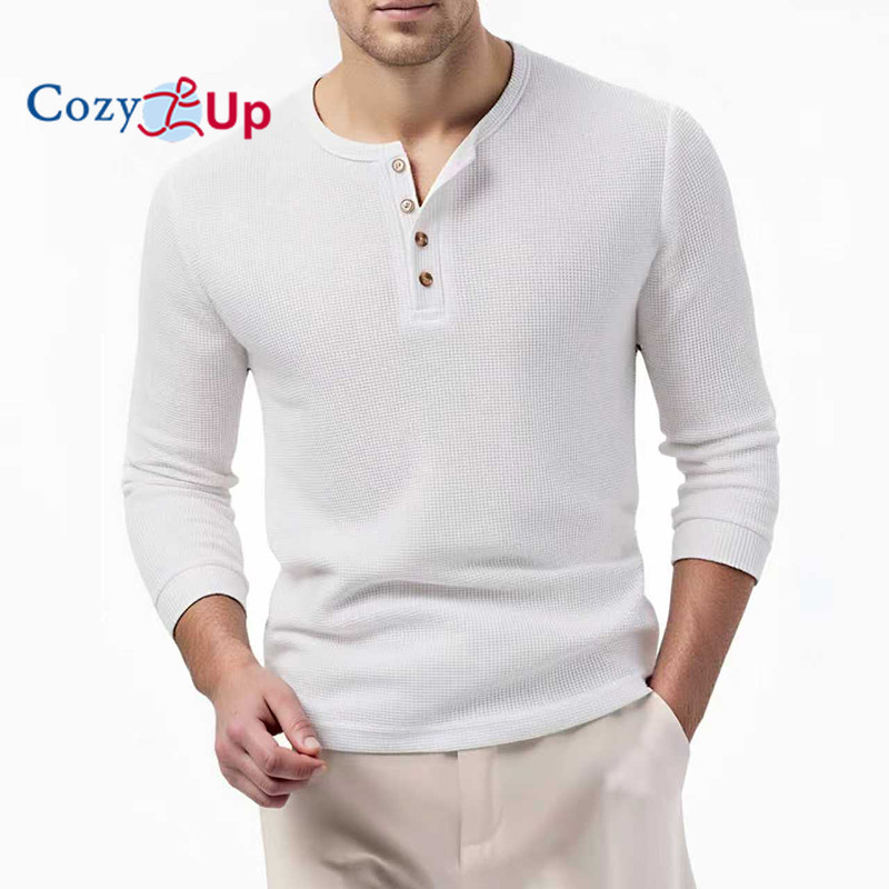 Áo sơ mi nam henley dáng dài tay thường ngày, chất liệu waffle, thiết kế nút chui đầu