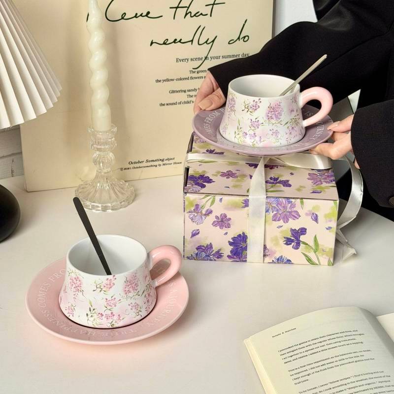 Pink Floral Coffee Cup Couple Cups Delicate Gift Tray Gift Set Dcr9