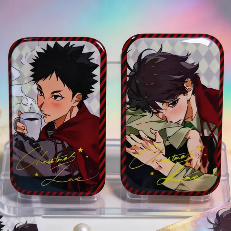 Huy hiệu hình chữ nhật chủ đề Giáng sinh Haikyuu với biểu tượng Oikawa và Iwaizumi - Quà tặng bộ sưu