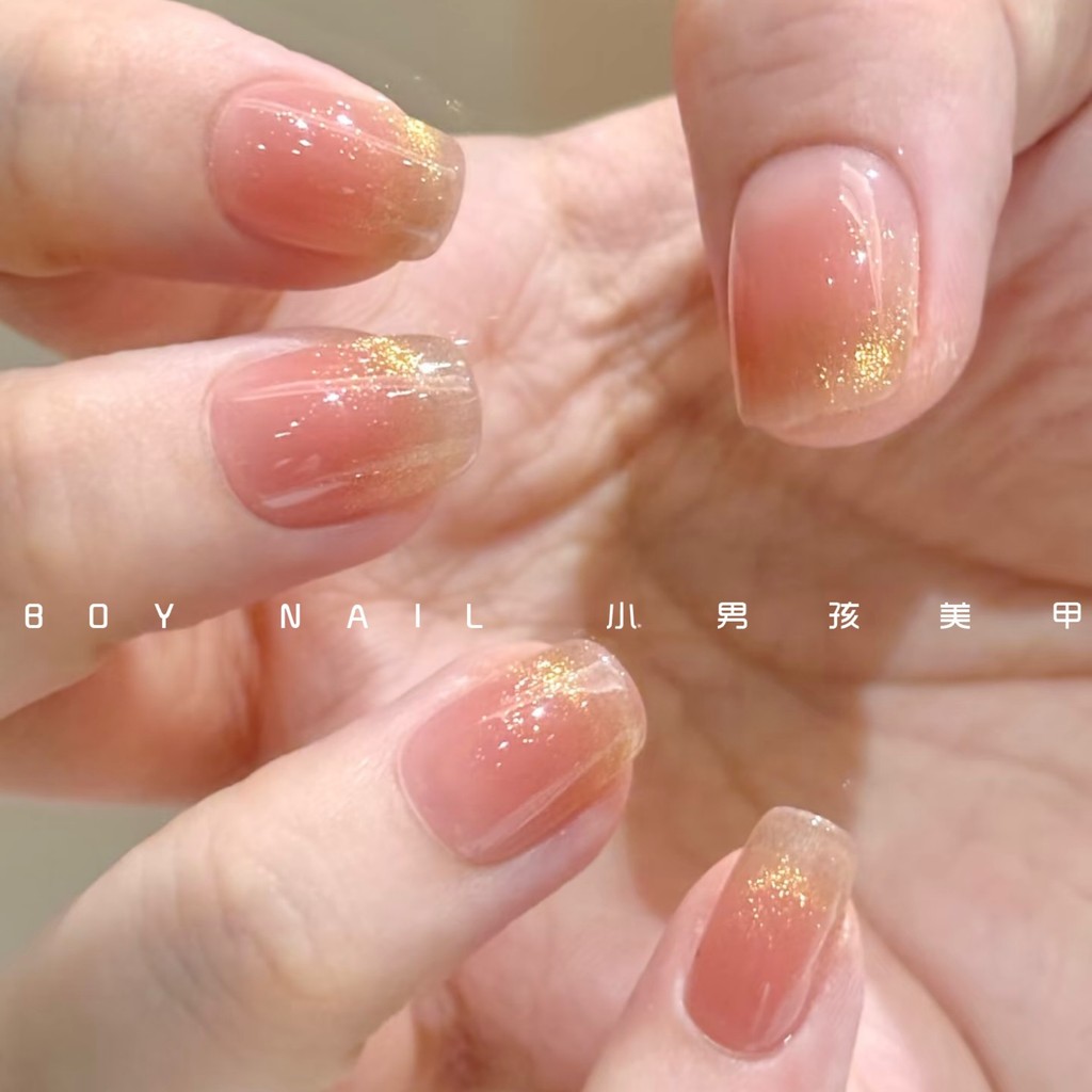 Little Boy Làm Móng Tay Handmade Đeo Móng Tay Miếng Dán Thành Phẩm Blush Golden Cat Eye