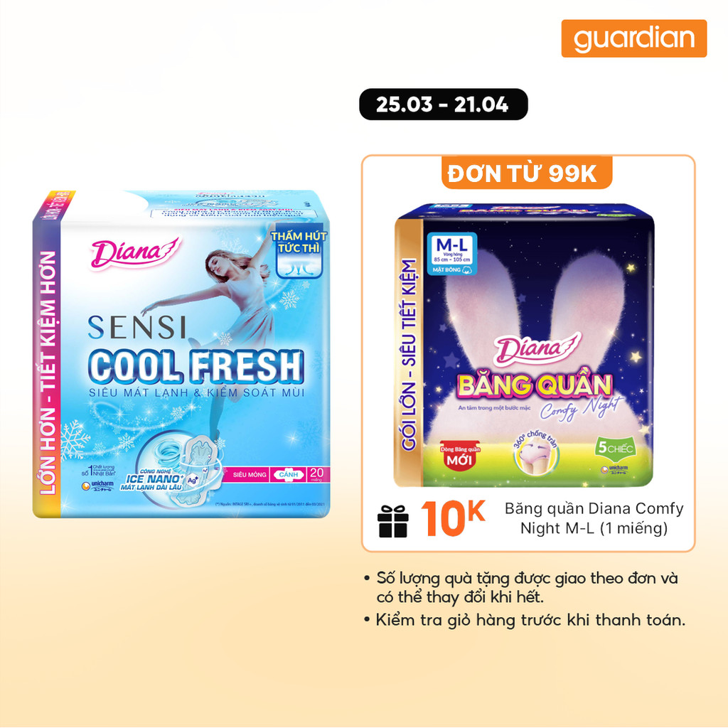 Băng Vệ Sinh Siêu Mỏng Cánh Sensi Cool Fresh 23cm Diana 20 Miếng