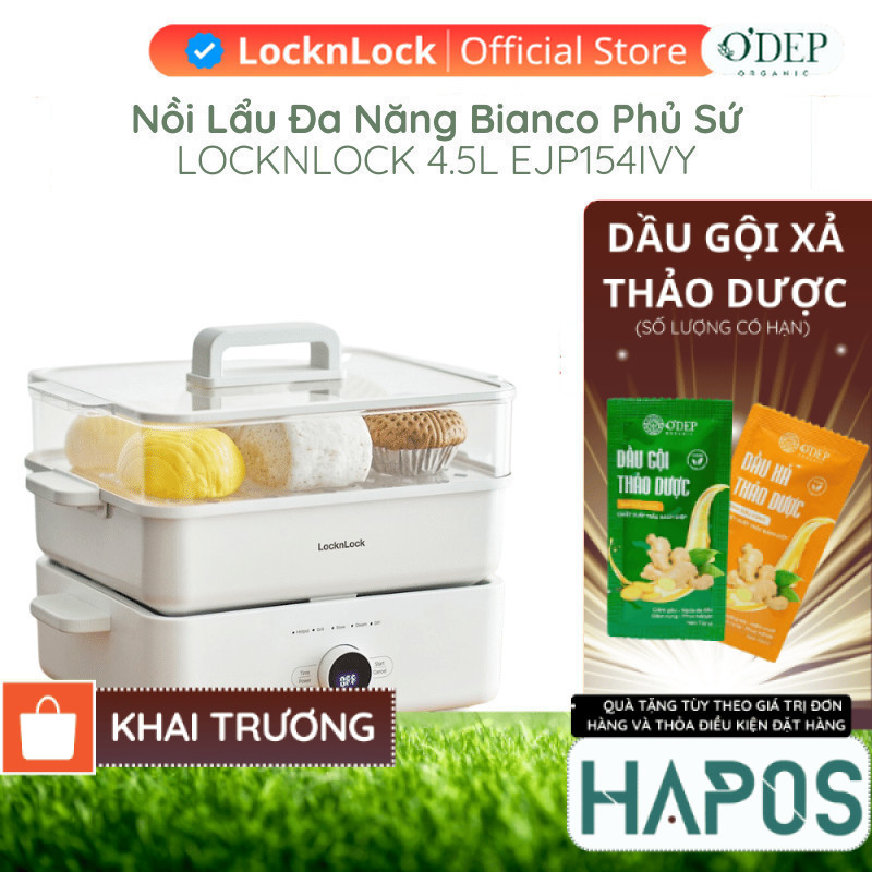 Nồi lẩu đa năng 4.5L Bianco phủ sứ LocknLock, Hàng chính hãng, chống dính, tay cầm cách nhiệt EJP154