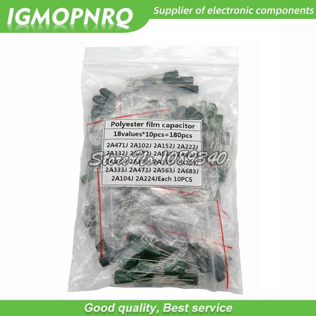180 chiếc = 18value * 10 chiếc Bộ tụ điện phim Polyester gồm 2A104J 2A332J 2A472J 2A103J 2A333J 2A47