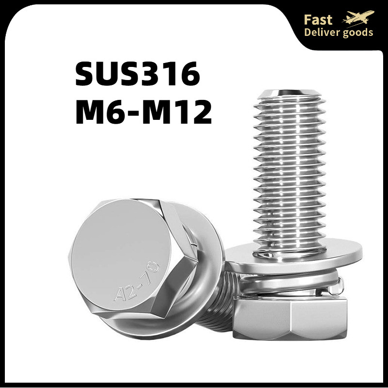 Bộ bu lông lục giác ngoài 3 trong 1 Inox 316 vít kết hợp đệm phẳng và đệm vê không gỉ M6 / M8 / M10 