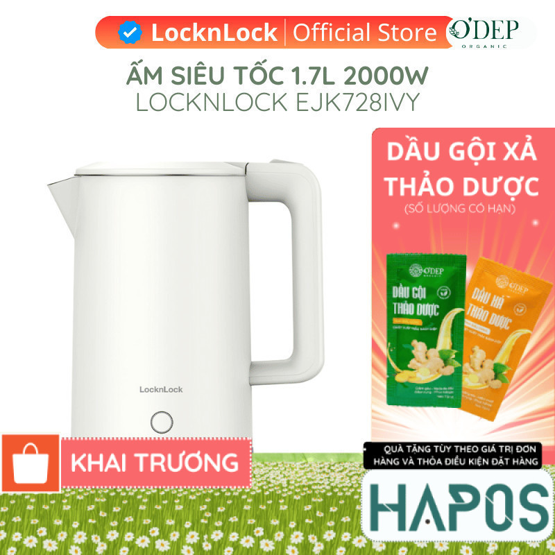 Ấm đun siêu tốc LocknLock EJK728IVY 1.7L 1850-2200W, Hàng chính hãng, Nút kéo mở nắp - HAPOS HEL