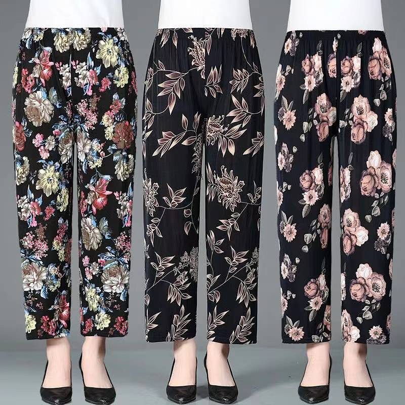 Ice Silk Cropped Women's Pants Middle-Aged and Elderly Women's High Waist Summer Thin Mom Casual Pan