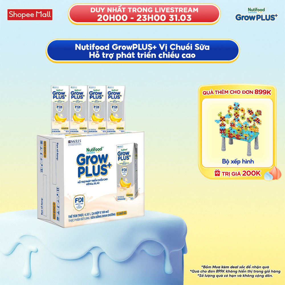 Thùng 24 hộp Sữa bột pha sẵn Nutifood Sweden GrowPLUS+ Vị Chuối Sữa hộp 180ml - Trên 1 tuổi (24 x 18