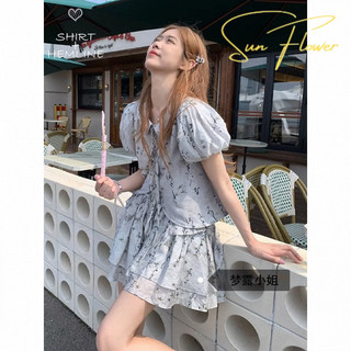 Oder-Bộ Đồ Thời Trang Áo Sơ Mi Tay Phồng Hoa Nhí Cổ Điển Mùa Hè Cho Nữ Áo Váy Ngắn Cạp Cao Tôn Dáng Gầy Bộ Hai Chiếc