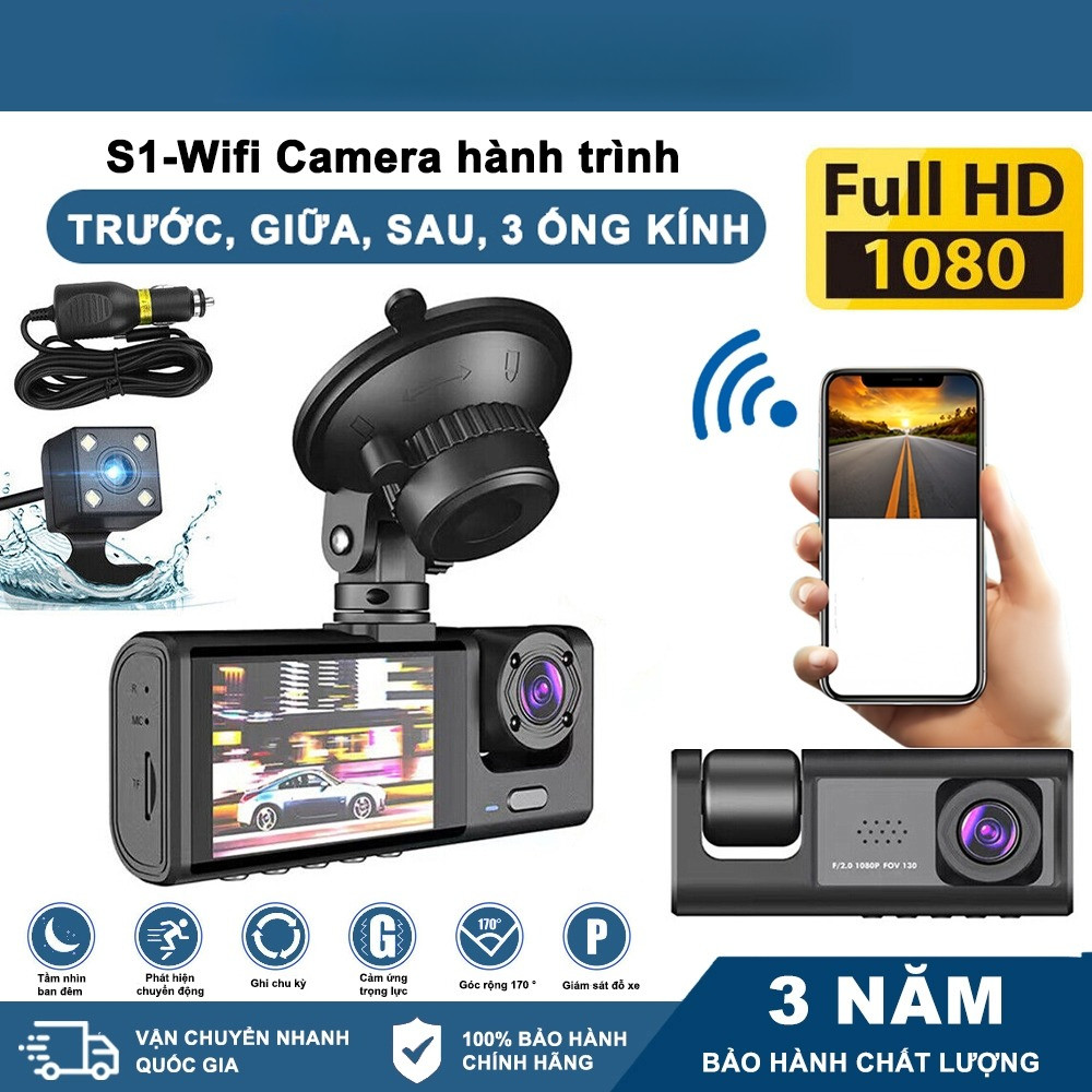 Camera hành trình ô tô Taxi hỗ trợ kết nối 3 mắt ghi hình tốc độ cao Wifi full HD 1080p
