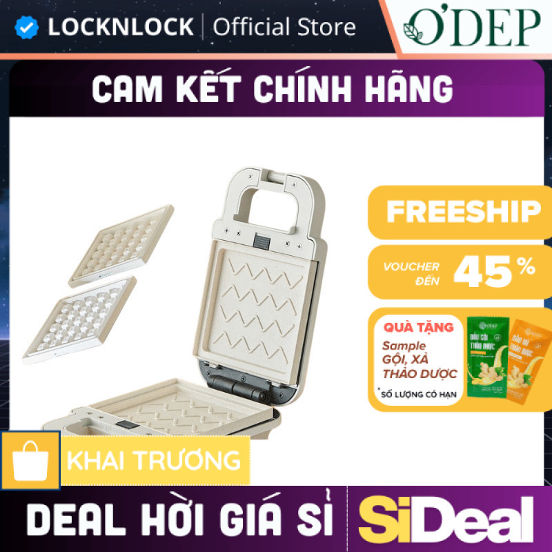 Máy kẹp nướng bánh LocknLock 600W, Hàng chính hãng, phủ men sứ Bianco Sandwich Maker Màu ngà EJB126I