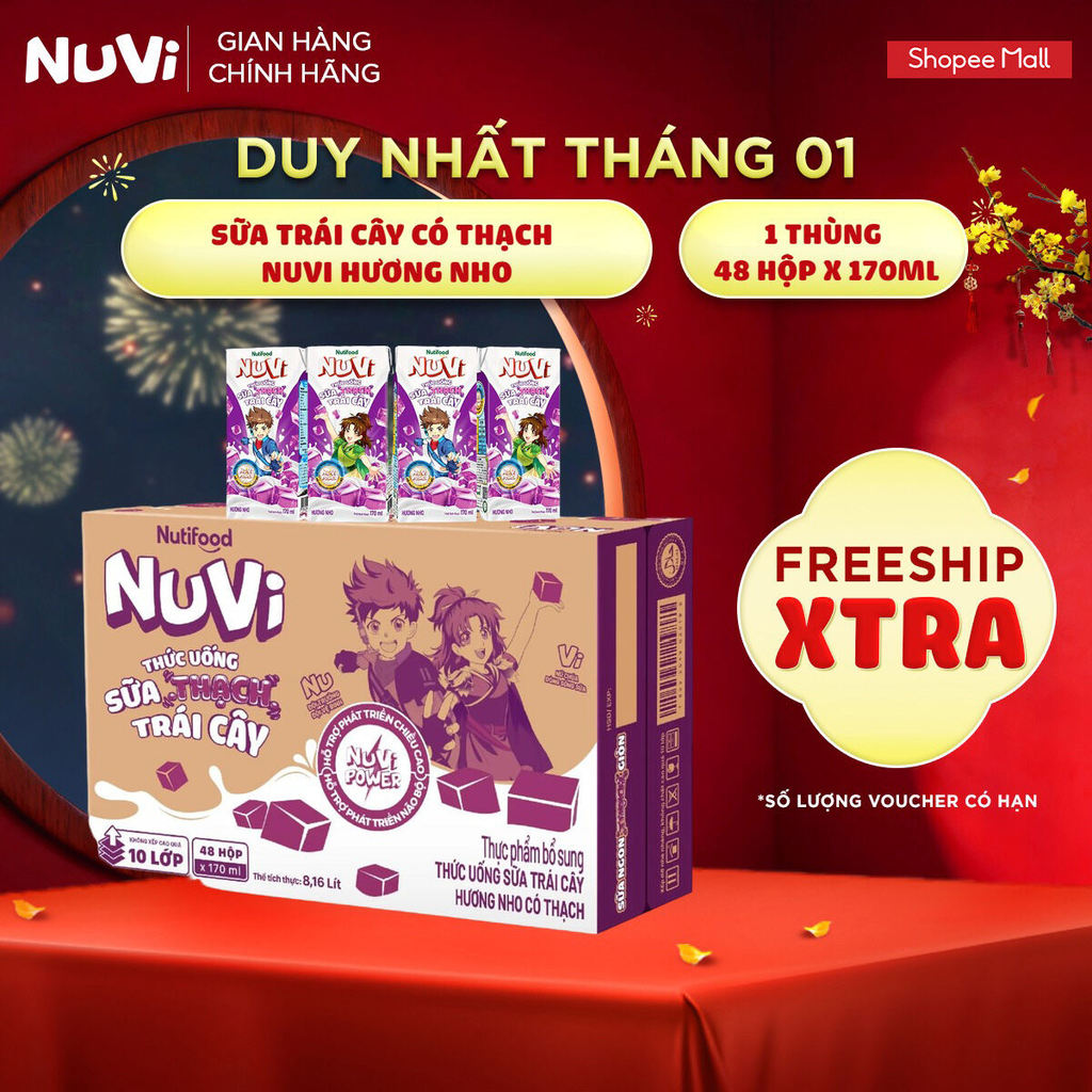 Thùng 48 Hộp Thức Uống Sữa Trái Cây Có Thạch NuVi Hương Nho 170ml
