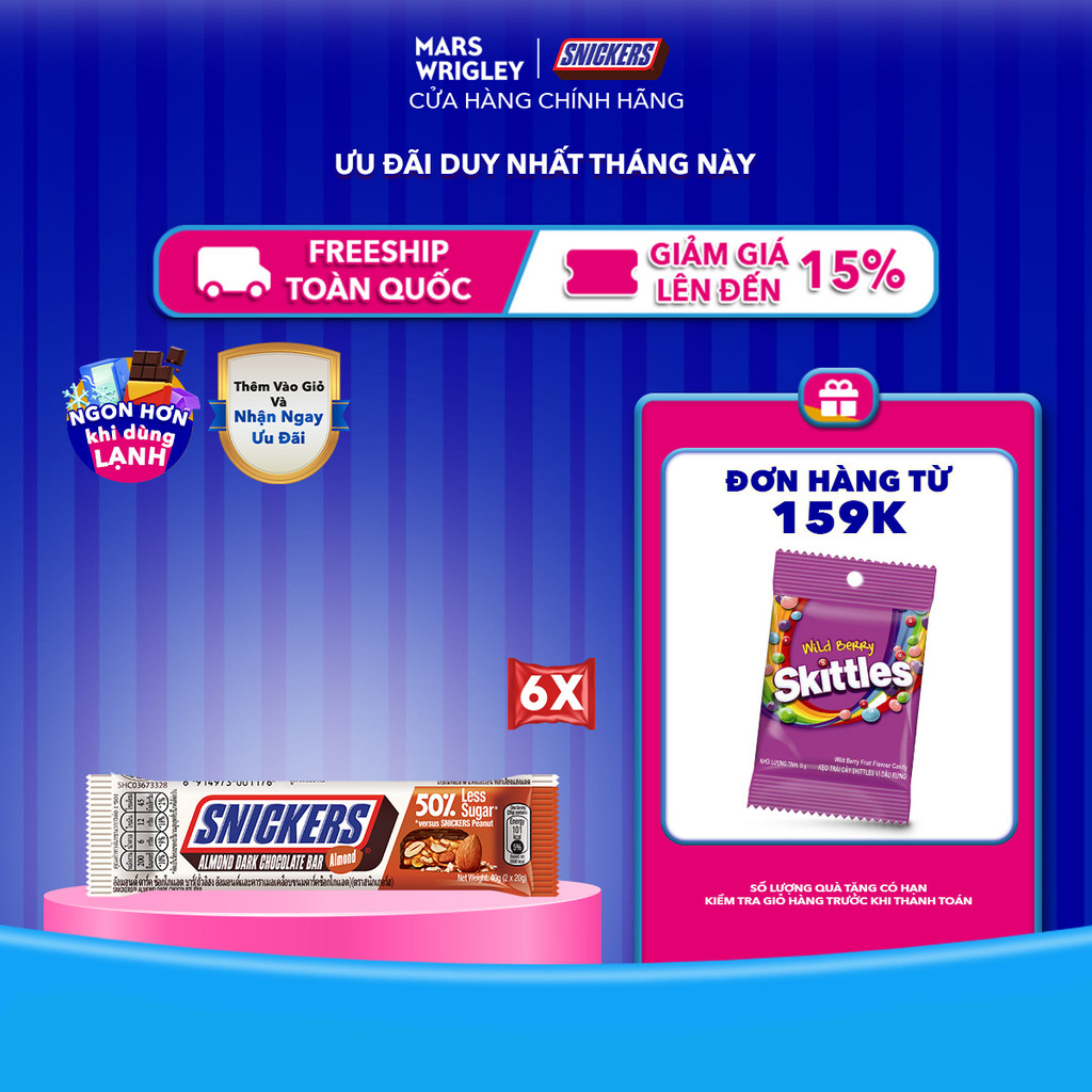 Combo 6 thanh Sô cô la Snickers Hạnh nhân Giảm đường thanh 40g
