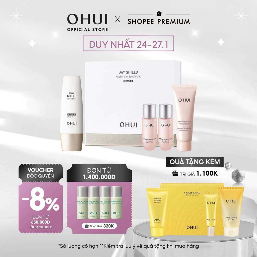 [OHUI Official] Bộ kem chống nắng dưỡng trắng 4 món OHUI Day Shield Perfect Sun Black SPF50+ PA++++ 