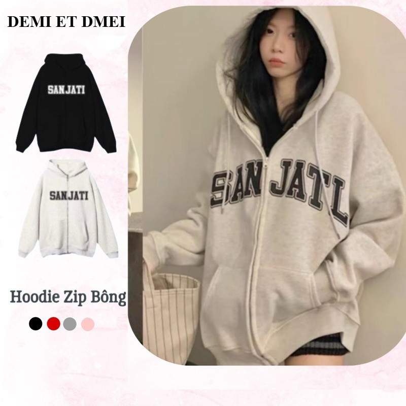 Áo Hoodie Zip Nỉ Bông Xu Min Min Màu Xám Tiêu, Áo Khoác Hoodie Dáng Rộng Oversize Nam Nữ Chữ SANJI (