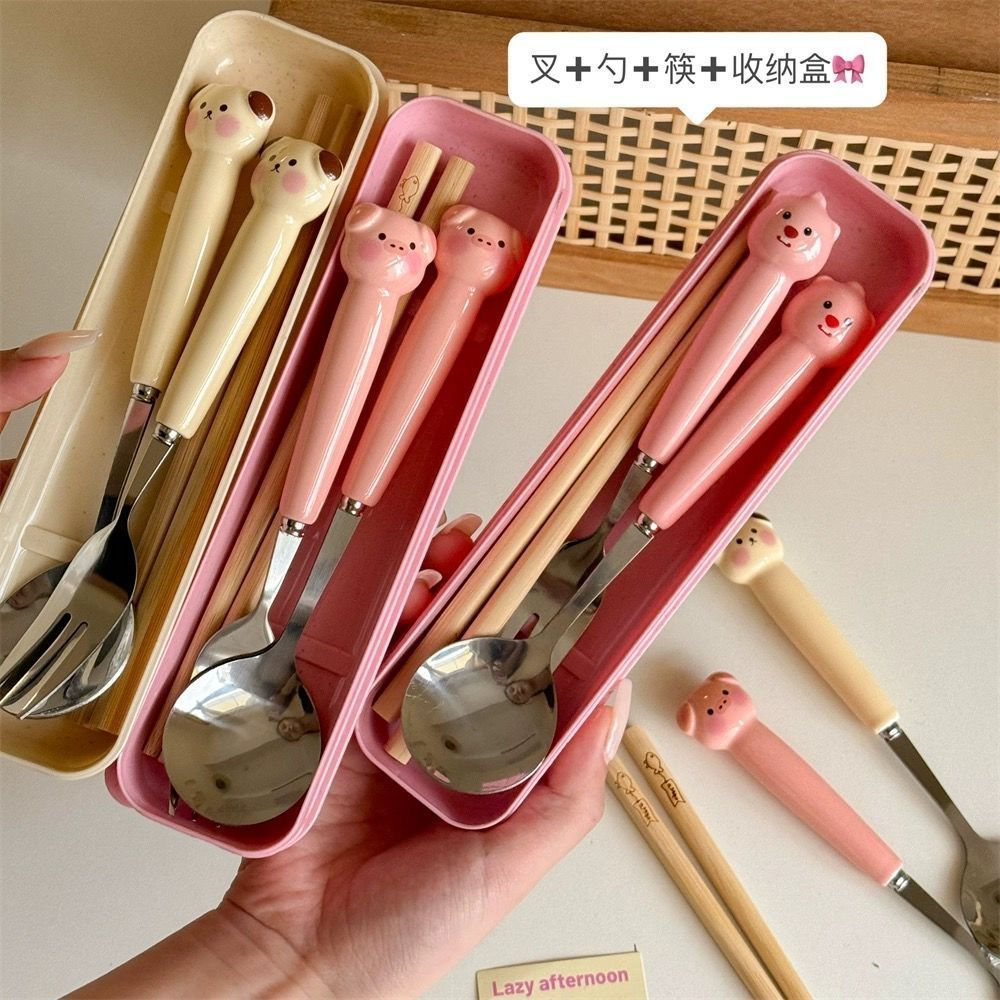 JUAins Cute cartoon animal spoon and fork high-value three-piece set of chopsticks portable tablewar