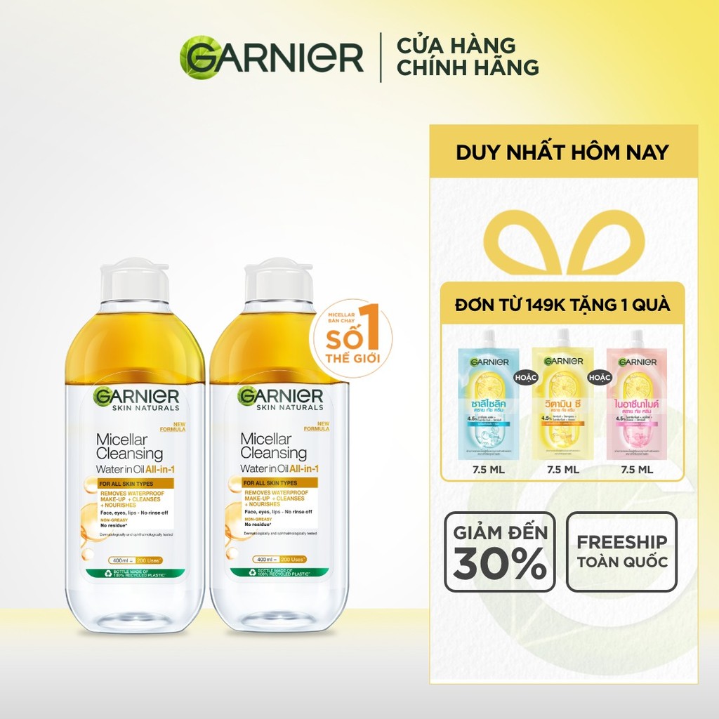 Bộ 2 nước làm sạch và tẩy trang cho da khô & trang điểm Garnier Micellar Water 400ml x 2