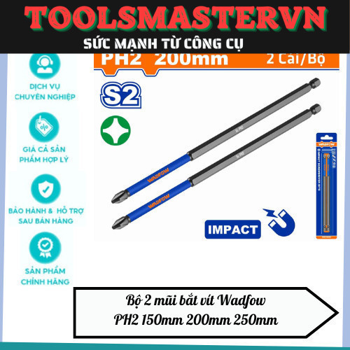 Bộ 2 mũi bắt vít Wadfow PH2 150mm 200mm 250mm , thép công nghiệp S2