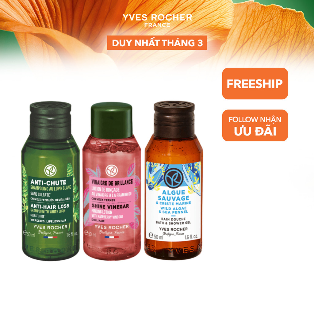 Set 3 mini trải nghiệm Yves Rocher gồm sữa tắm 50ml - dầu gội 50ml - giấm xả tóc 50ml
