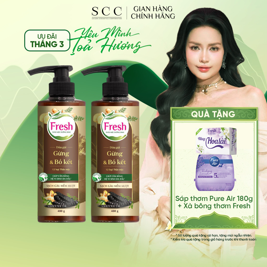 Combo 2 Chai Dầu Gội FRESH Thảo Mộc Dưỡng Sinh - Sạch Gàu Mềm Mượt 480g/chai