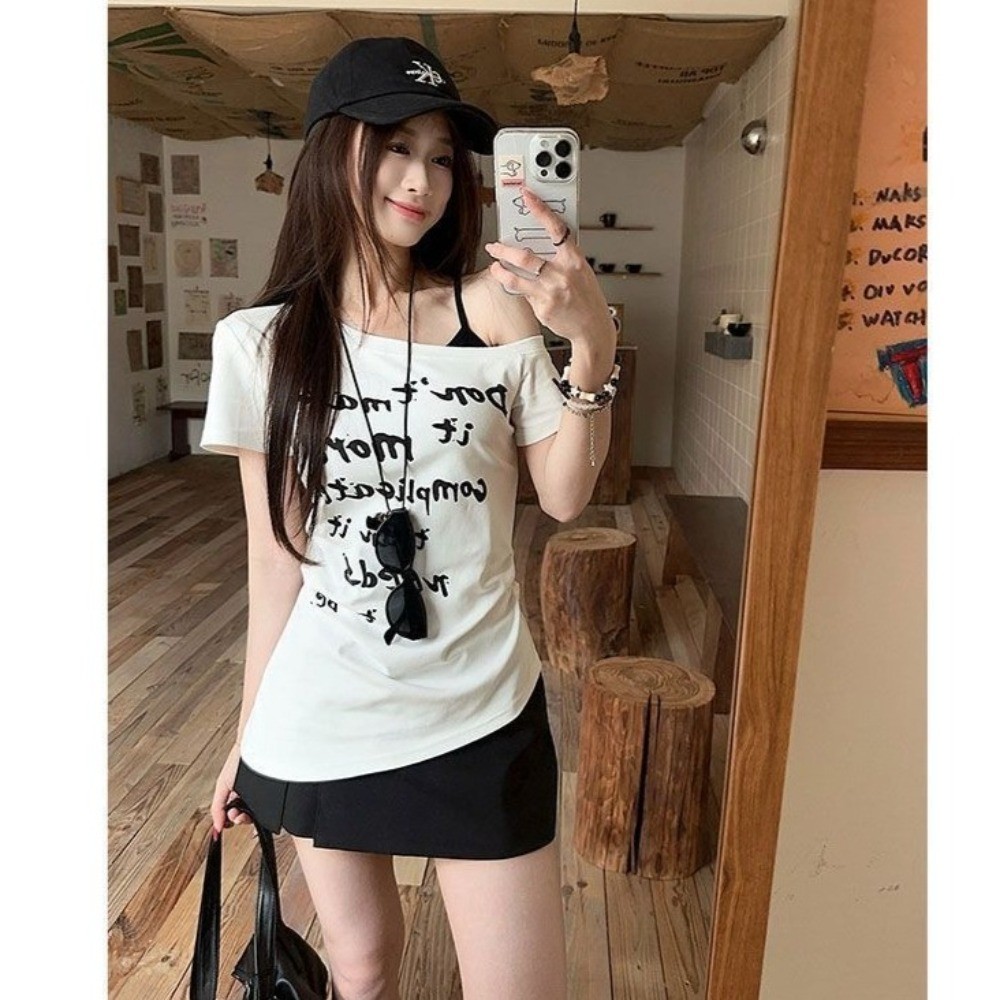 Áo Thun Ngắn Tay Trễ Vai Phong Cách Hàn Quốc Dành Cho Nữ Thời Trang Mùa Hè Mới Có in Chữ | BigBuy360 - bigbuy360.vn