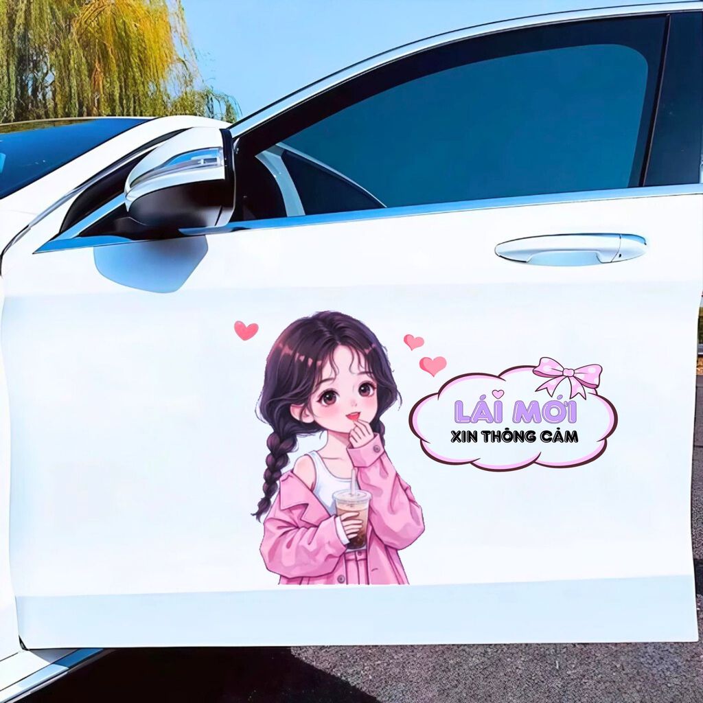 Decal Dễ Thương "Lái Mới Xin Thông Cảm" Hình Cô Gái Cầm Trà Sữa Siêu Dễ Thương Xinh Xắn