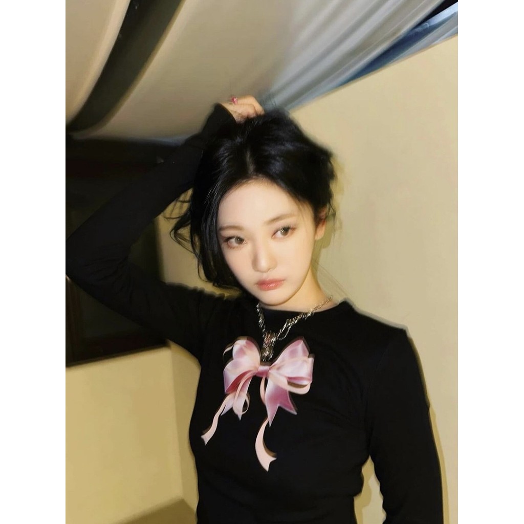 RONRON Bow print long-sleeve slim-fit casual hot girl summer outfit JENNIE Ning Yizhuo's same style 