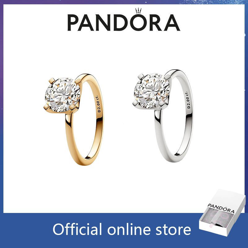 Nhẫn bạc S925 chính hãng Pandora, ghép đôi, kim cương lab-grown 2.00 carat, vàng 14k