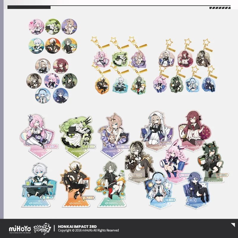 Standee Huy hiệu Móc khóa Honkai Impact 3rd miHoYo Chính Hãng XBDYJ Elysia Mobius Kevin Kalpas Kosma