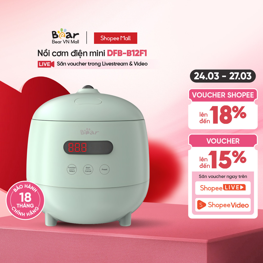 Nồi cơm điện mini 1 người ăn 0.3L (dung tích tổng 1.2L) Bear DFB-B12F1 - Hàng chính hãng - Bảo hành 18 tháng