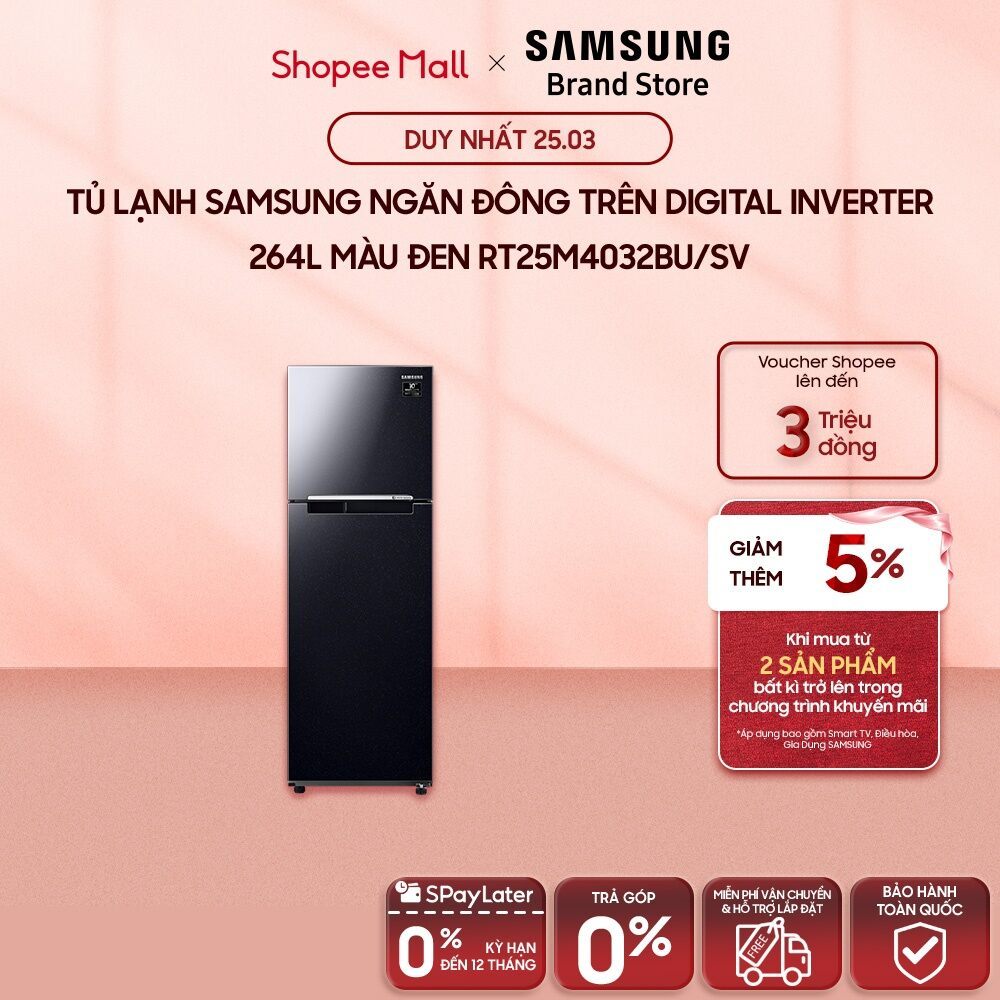 [MIỄN PHÍ VẬN CHUYỂN] Tủ Lạnh Samsung Ngăn Đông Trên với Digital Inverter 264L màu Đen RT25M4032BU/SV