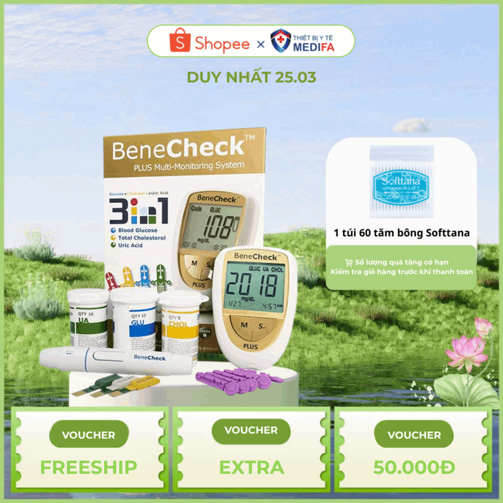 [TRỌN BỘ] Máy Đo Đường Huyết 3 in 1 đường huyết, mỡ máu (cholesterol), Uric acid (gút/Gout), BeneCheck Plus, BH trọn đời