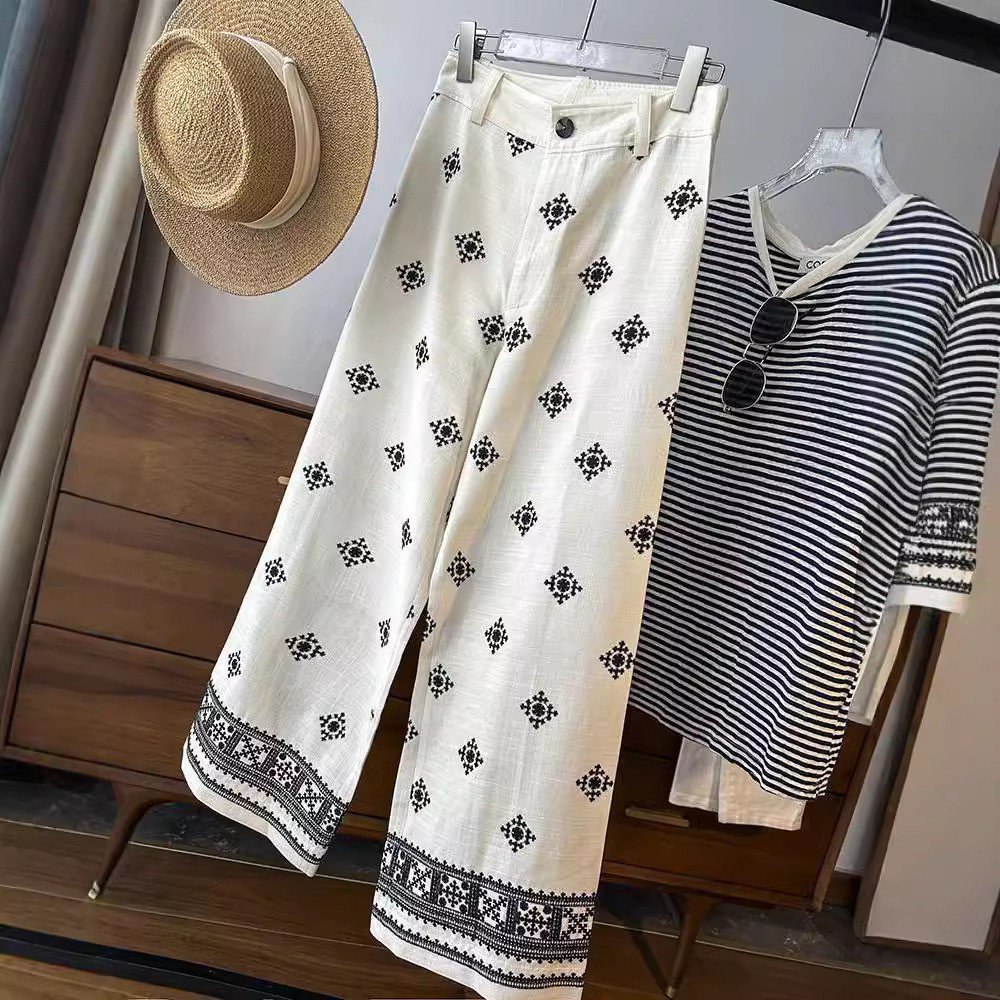 VH4H Embroidered casual loose straight-leg suit pants, new summer fashion high-waisted thin slimming