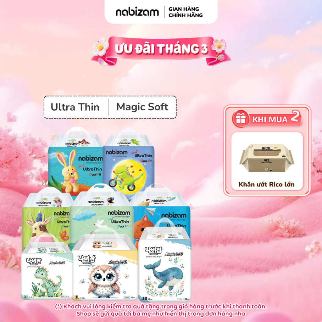 Combo Tã/Bỉm Dán/Quần NABIZAM Êm Mỏng Vượt Trội Chống Tràn Tối Đa Cho Bé Từ 3kg Đến 25kg 20-50 Miếng