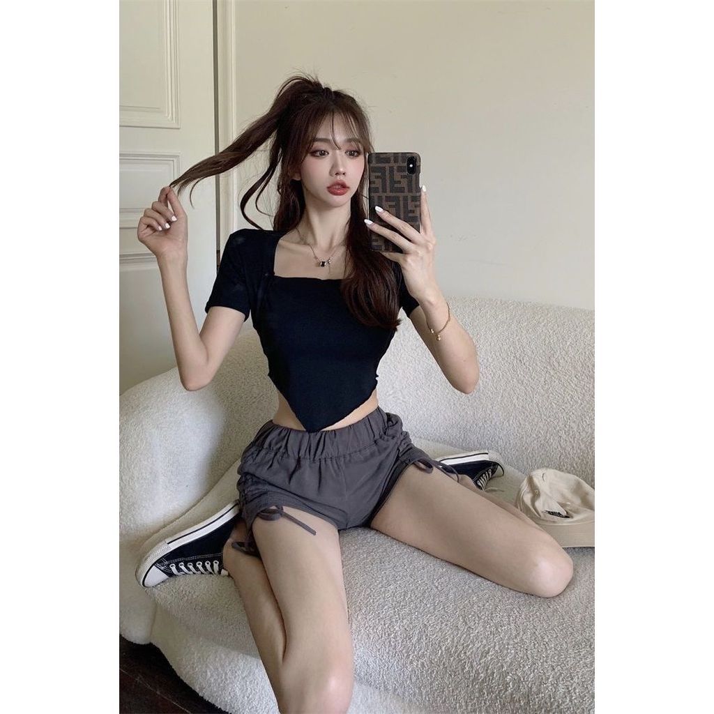 Áo Thun Ngắn Tay Cho Nữ, Thiết Kế Bó Sát Cổ Vuông, Phù Hợp Mùa Hè