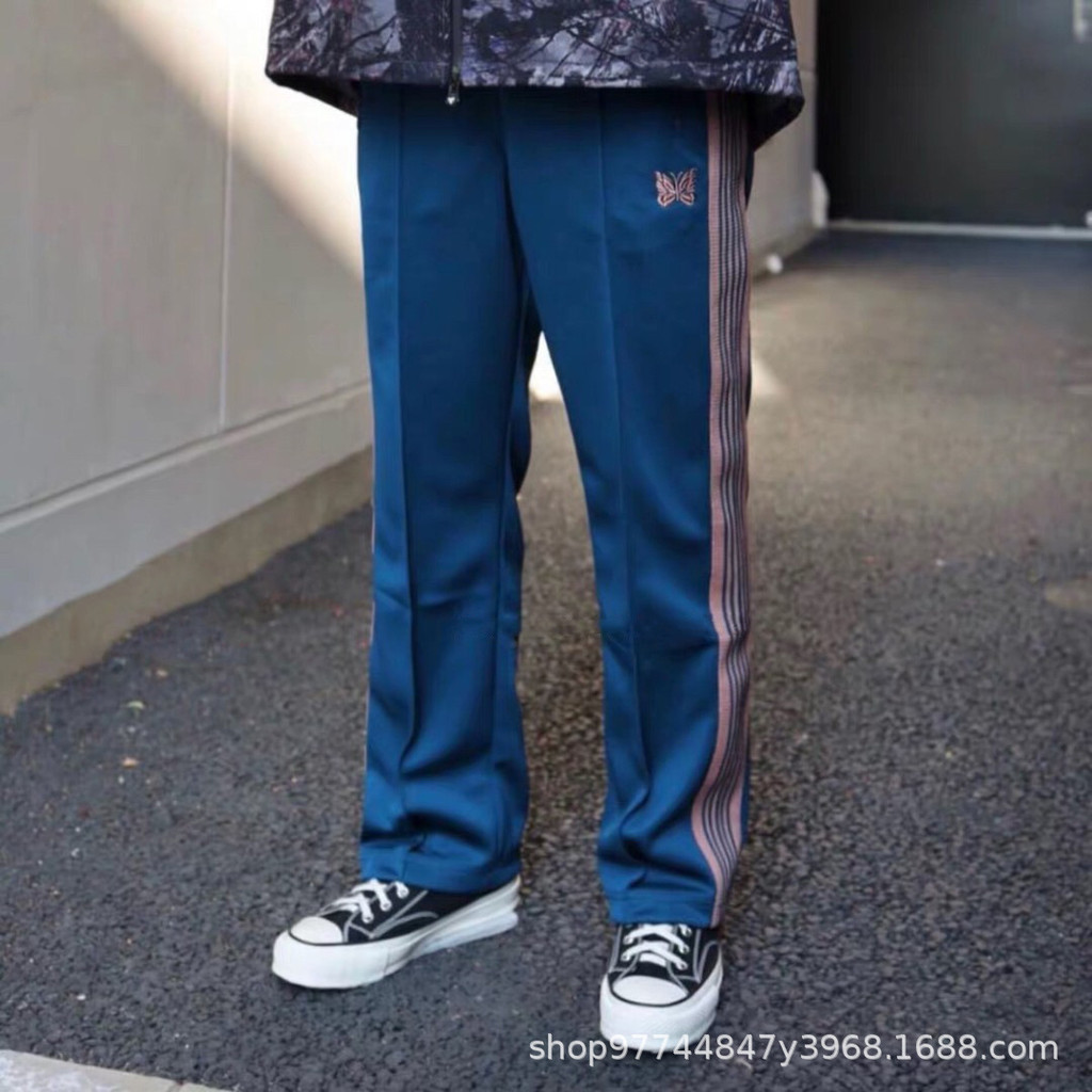 XE48 Needles Street-style retro webbing school uniform pants, unisex straight-leg new blue and pink 