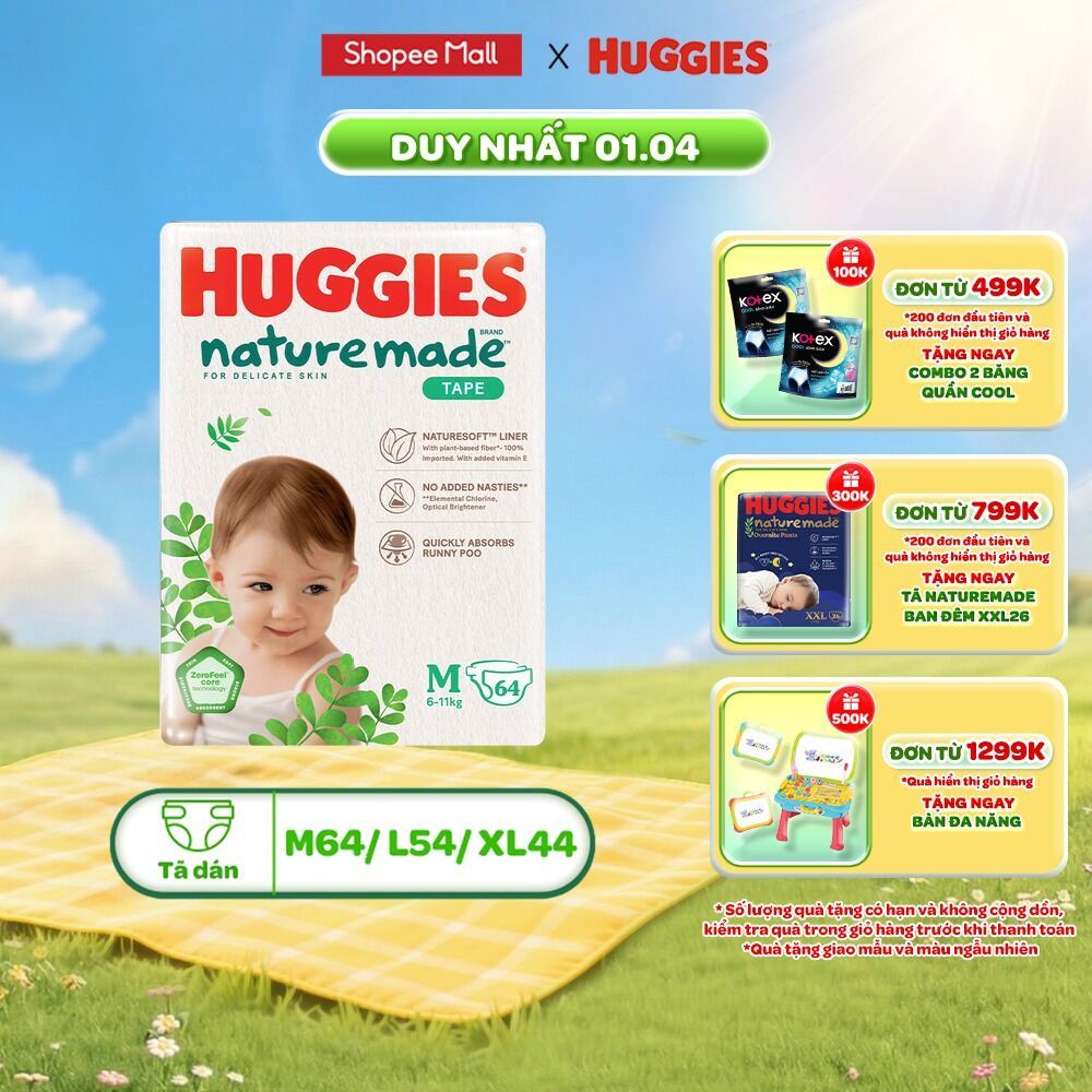 Tã/Bỉm dán Huggies NatureMade M64/L54/XL44